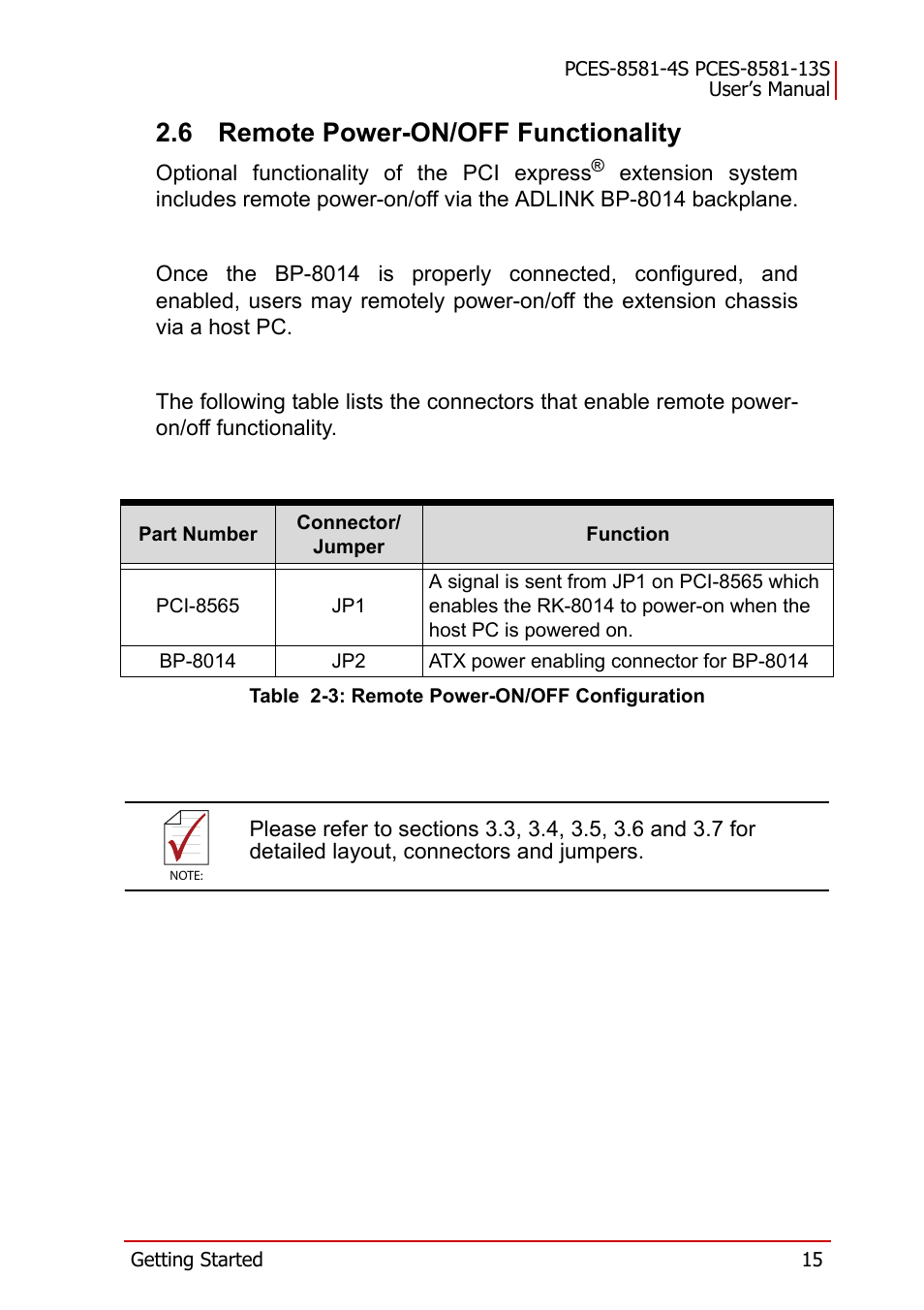 6 remote power-on/off functionality, Table 2-3: remote power-on/off configuration, Remote power-on/off functionality | ADLINK PCES-8581-13S User Manual | Page 29 / 58