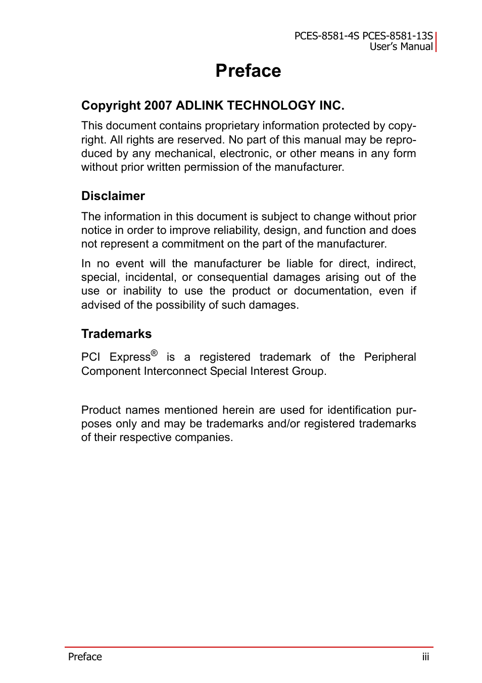 Preface, Copyright 2007 adlink technology inc, Disclaimer | Trademarks | ADLINK PCES-8581-13S User Manual | Page 3 / 58