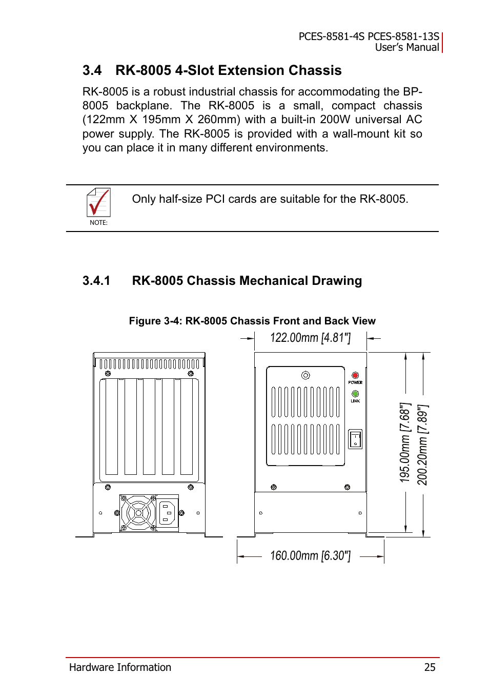 4 rk-8005 4-slot extension chassis, 1 rk-8005 chassis mechanical drawing, Figure 3-4: rk-8005 chassis front and back view | Rk-8005 4-slot extension chassis | ADLINK PCES-8581-13S User Manual | Page 39 / 58