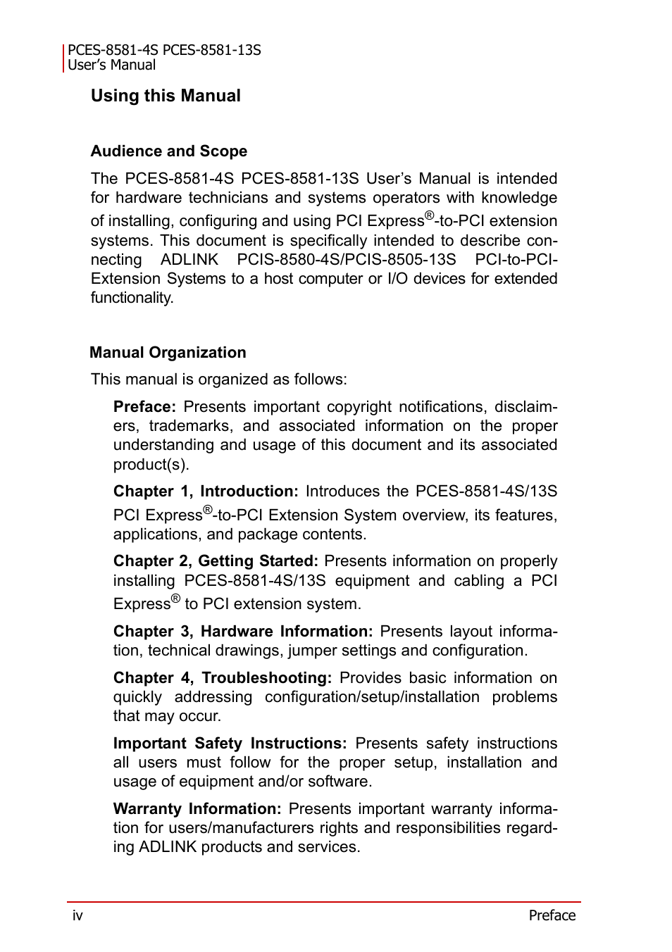 Using this manual | ADLINK PCES-8581-13S User Manual | Page 4 / 58