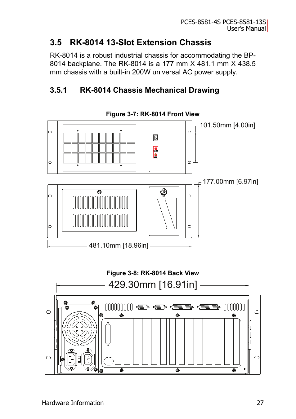 5 rk-8014 13-slot extension chassis, 1 rk-8014 chassis mechanical drawing, Figure 3-7: rk-8014 front view | Figure 3-8: rk-8014 back view, Rk-8014 13-slot extension chassis | ADLINK PCES-8581-13S User Manual | Page 41 / 58