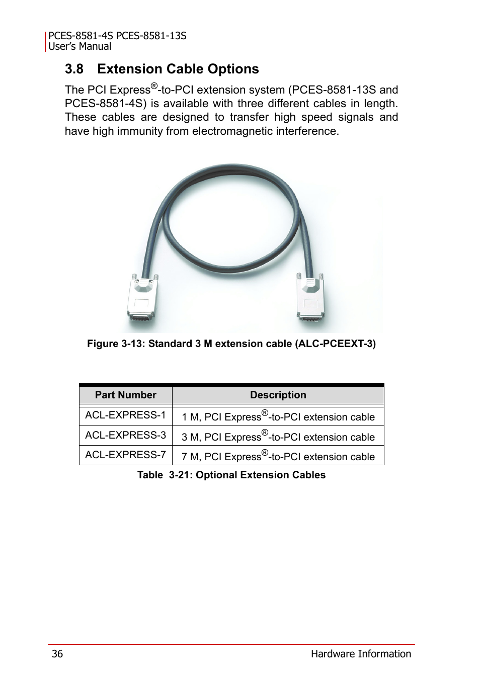 8 extension cable options, Table 3-21: optional extension cables, Extension cable options | ADLINK PCES-8581-13S User Manual | Page 50 / 58