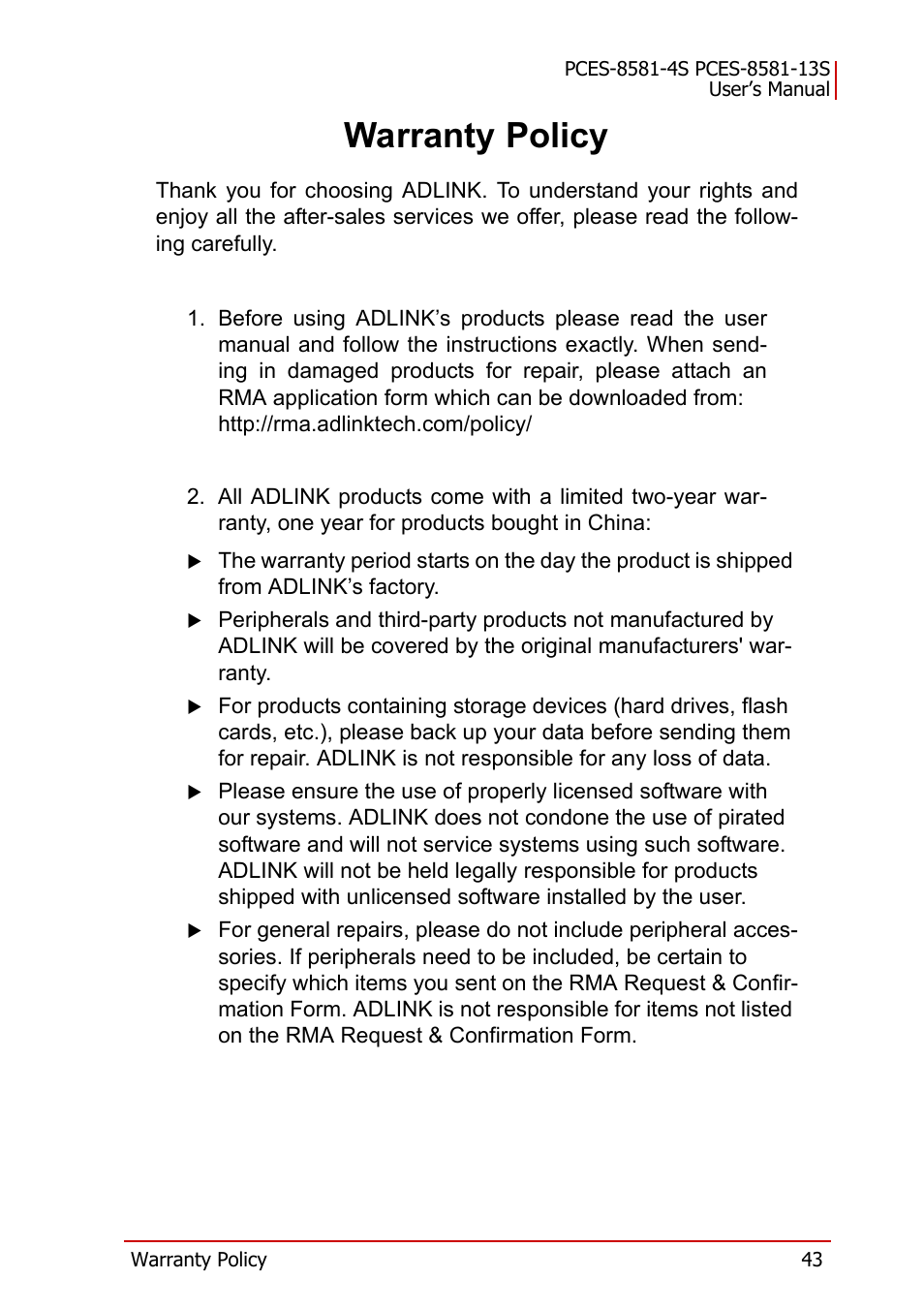 Warranty policy | ADLINK PCES-8581-13S User Manual | Page 57 / 58