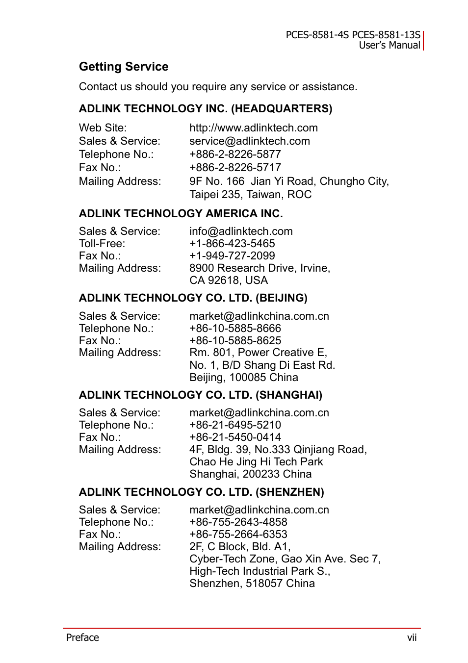 Getting service | ADLINK PCES-8581-13S User Manual | Page 7 / 58