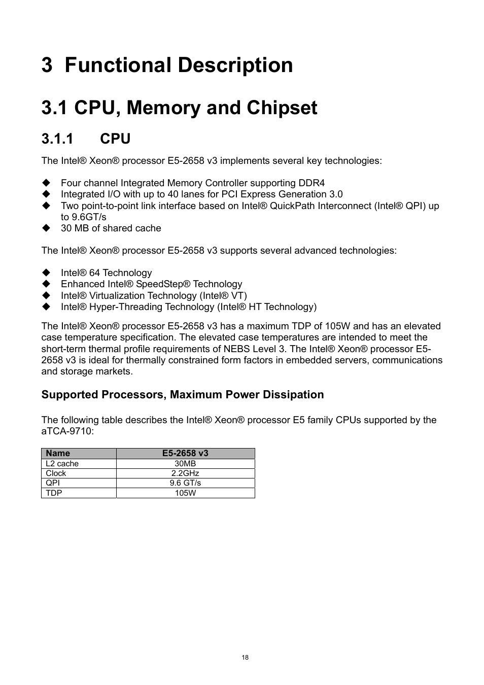 3 functional description, 1 cpu, memory and chipset, 1 cpu | Functional description, Cpu, memory and chipset | ADLINK aTCA-9710 User Manual | Page 18 / 90