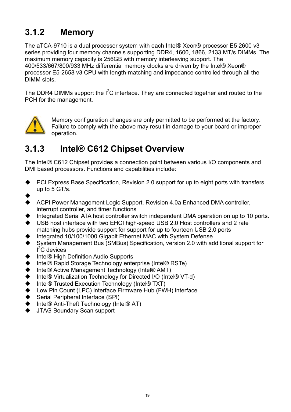 2 memory, 3 intel® c612 chipset overview, Memory | Intel® c612 chipset overview | ADLINK aTCA-9710 User Manual | Page 19 / 90