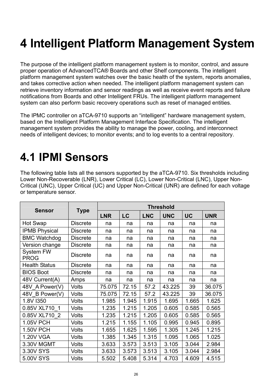 4 intelligent platform management system, 1 ipmi sensors, Intelligent platform management system | Ipmi sensors | ADLINK aTCA-9710 User Manual | Page 26 / 90