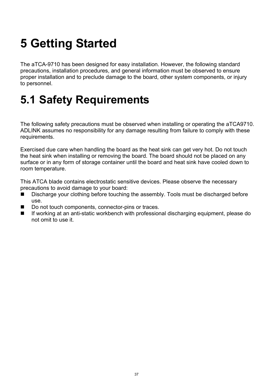 5 getting started, 1 safety requirements, Getting started | Safety requirements | ADLINK aTCA-9710 User Manual | Page 37 / 90