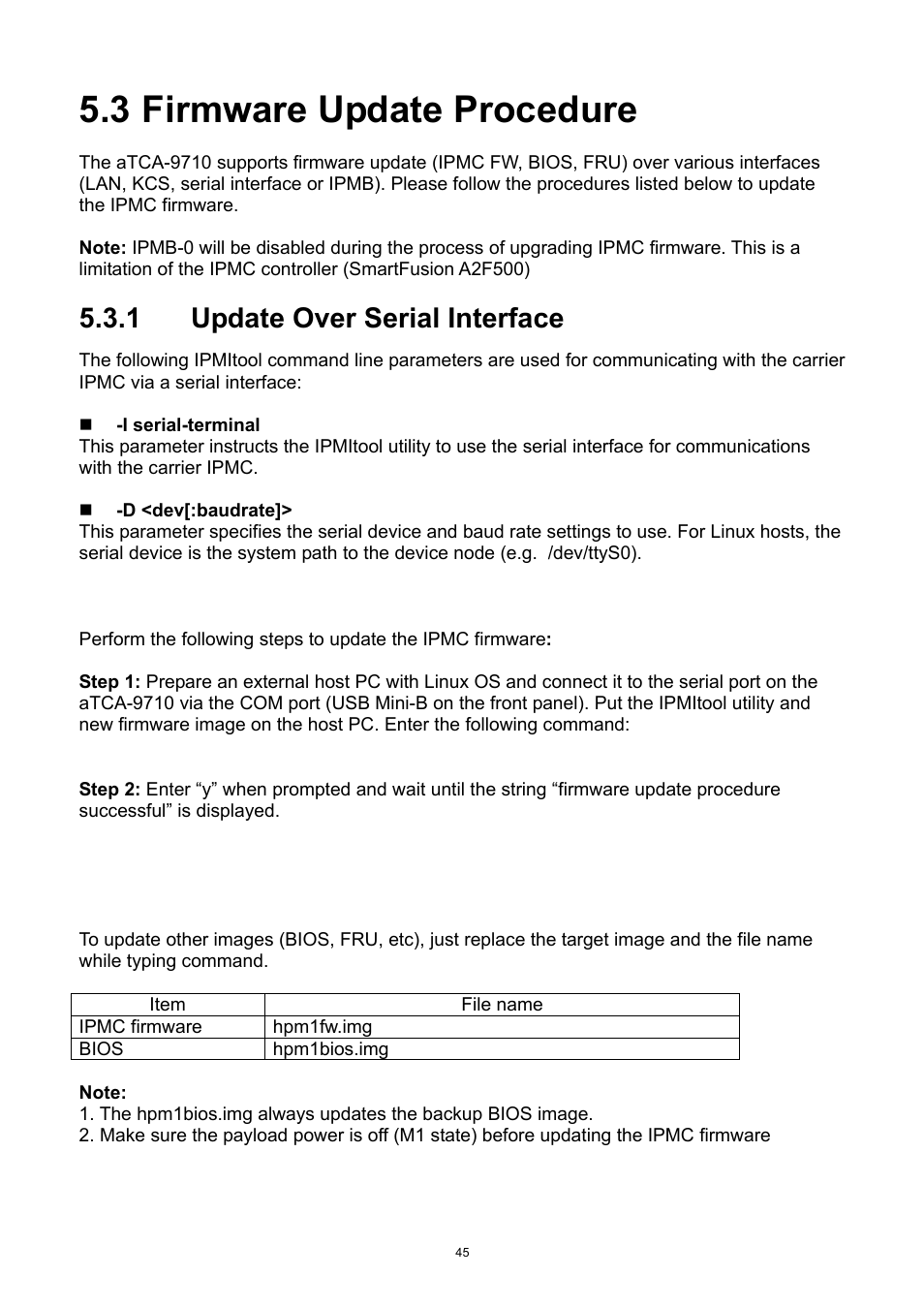 1 update over serial interface, Firmware update procedure, Update over serial interface | 3 firmware update procedure | ADLINK aTCA-9710 User Manual | Page 45 / 90