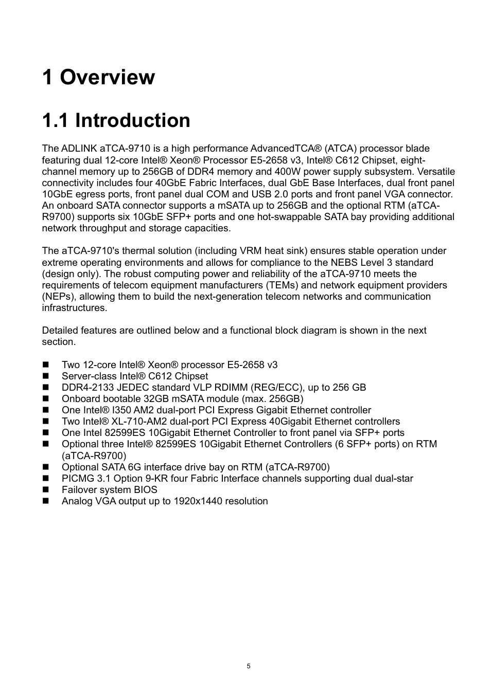 1 overview, 1 introduction, Overview | Introduction | ADLINK aTCA-9710 User Manual | Page 5 / 90