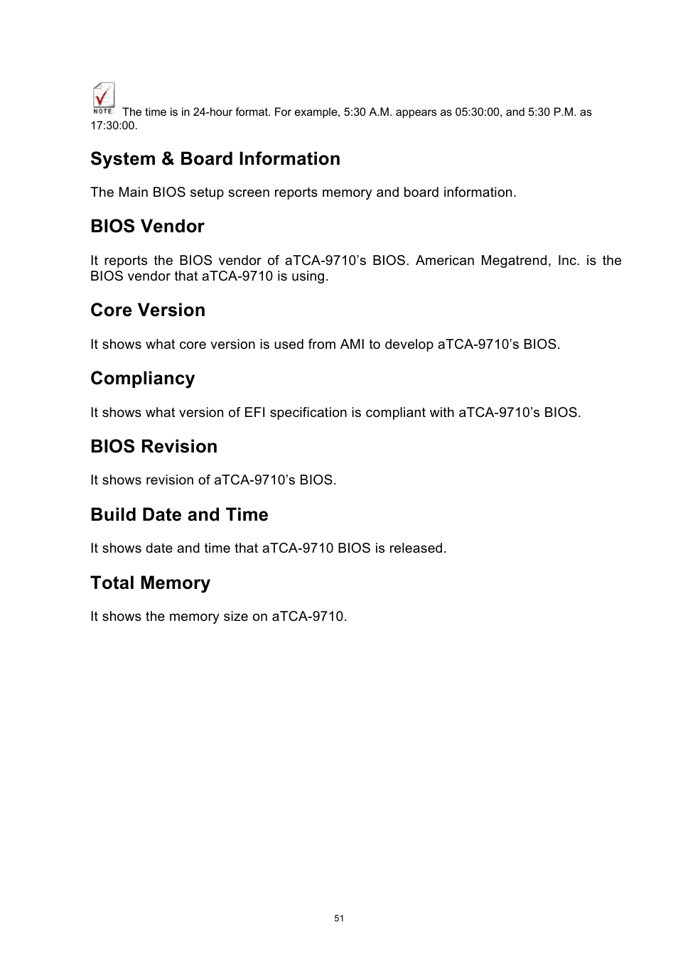 System & board information, Bios vendor, Core version | Compliancy, Bios revision, Build date and time | ADLINK aTCA-9710 User Manual | Page 51 / 90