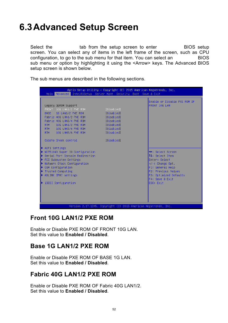 3 advanced setup screen, Advanced setup screen, Front 10g lan1/2 pxe rom | Base 1g lan1/2 pxe rom, Fabric 40g lan1/2 pxe rom | ADLINK aTCA-9710 User Manual | Page 52 / 90