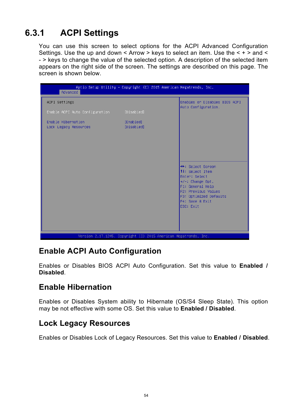 1 acpi settings, Acpi settings, Enable acpi auto configuration | Enable hibernation, Lock legacy resources | ADLINK aTCA-9710 User Manual | Page 54 / 90