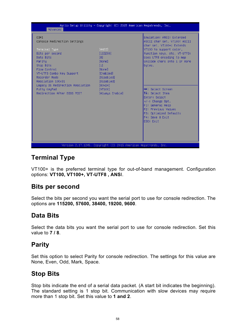 Terminal type, Bits per second, Data bits | Parity, Stop bits | ADLINK aTCA-9710 User Manual | Page 58 / 90