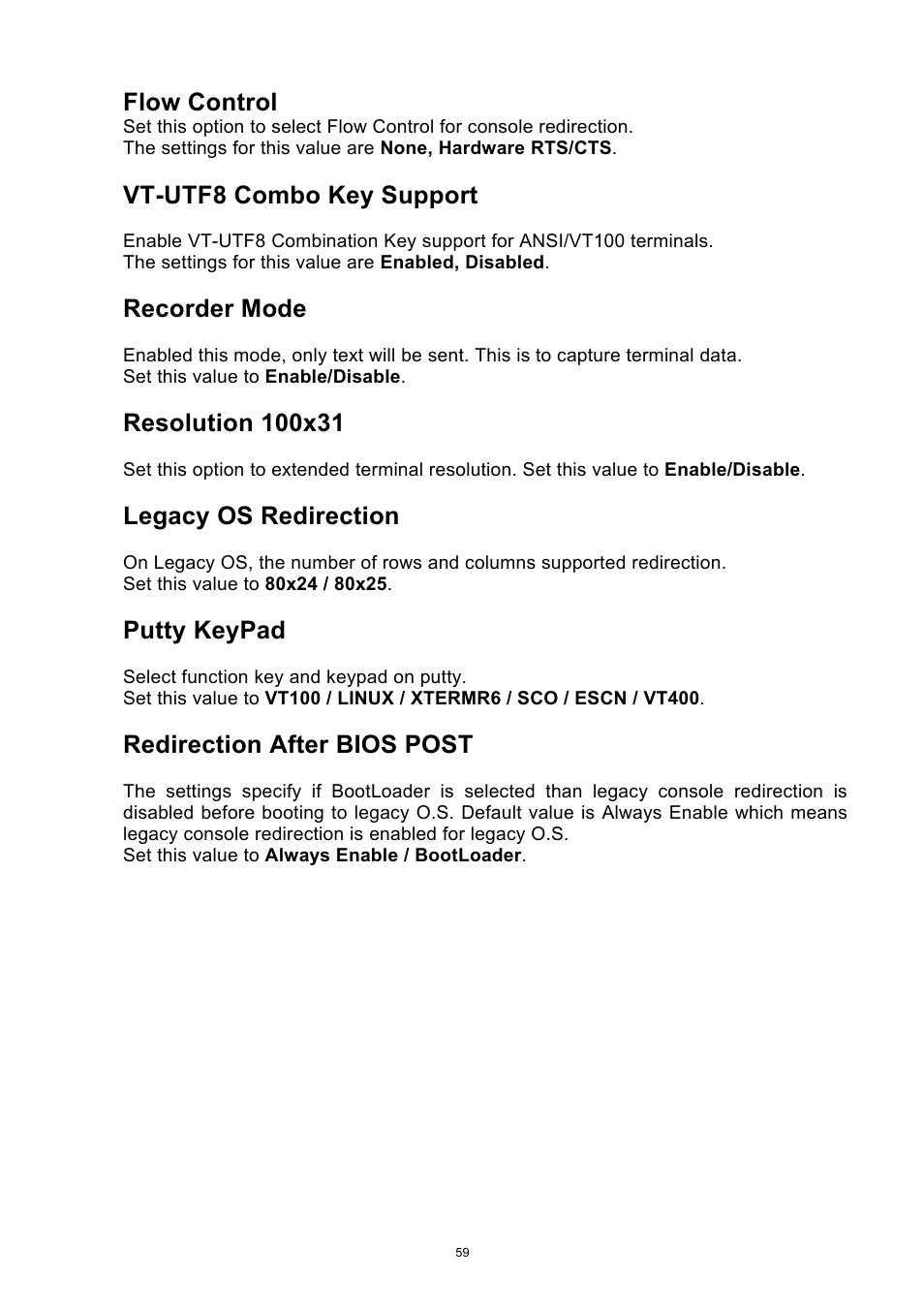 Flow control, Vt-utf8 combo key support, Recorder mode | Legacy os redirection, Putty keypad, Redirection after bios post | ADLINK aTCA-9710 User Manual | Page 59 / 90