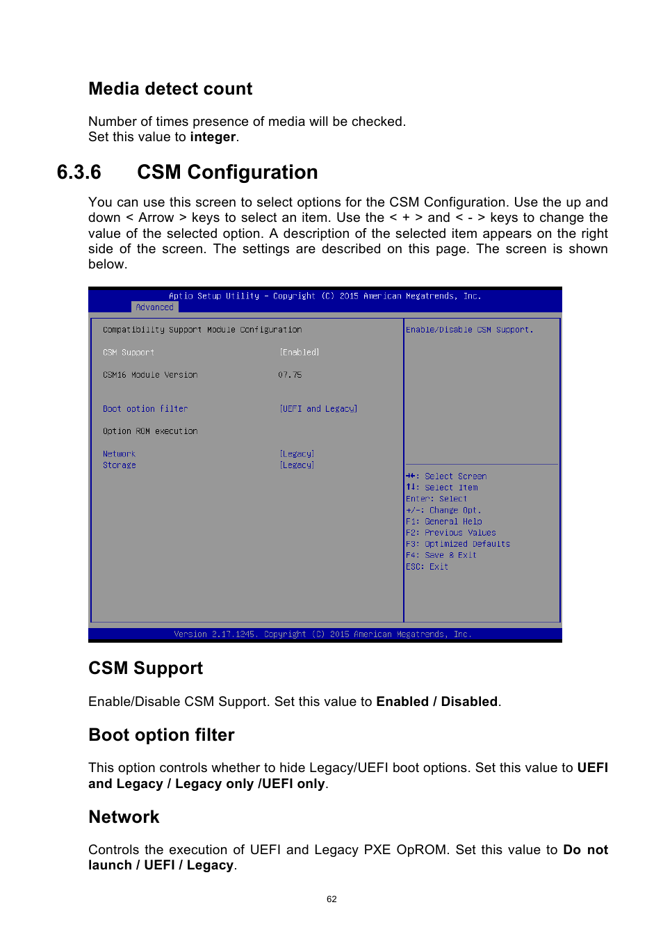 6 csm configuration, Csm configuration, Media detect count | Csm support, Boot option filter, Network | ADLINK aTCA-9710 User Manual | Page 62 / 90