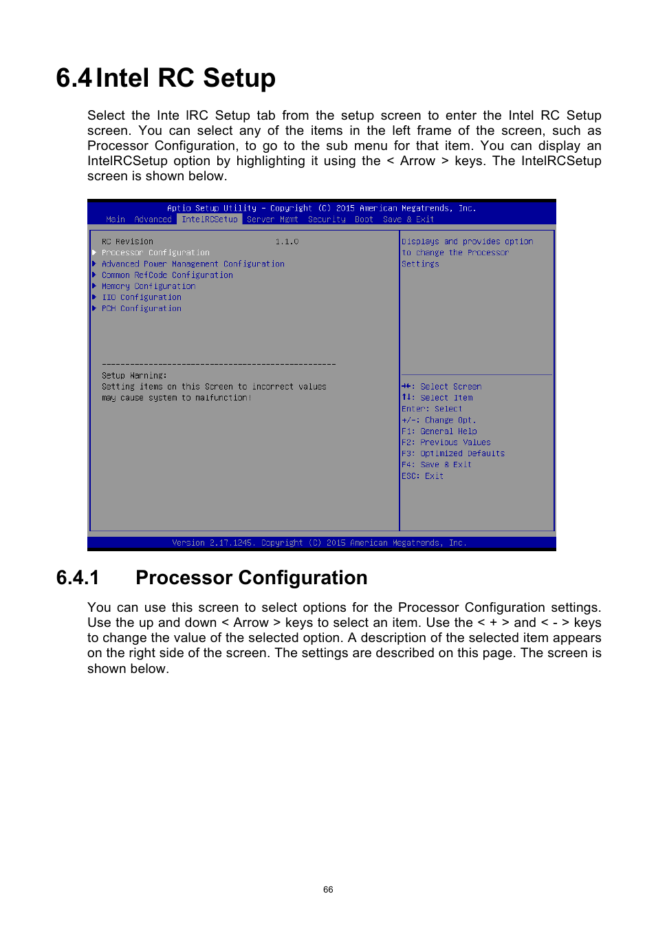 4 intel rc setup, 1 processor configuration, Intel rc setup | Processor configuration | ADLINK aTCA-9710 User Manual | Page 66 / 90