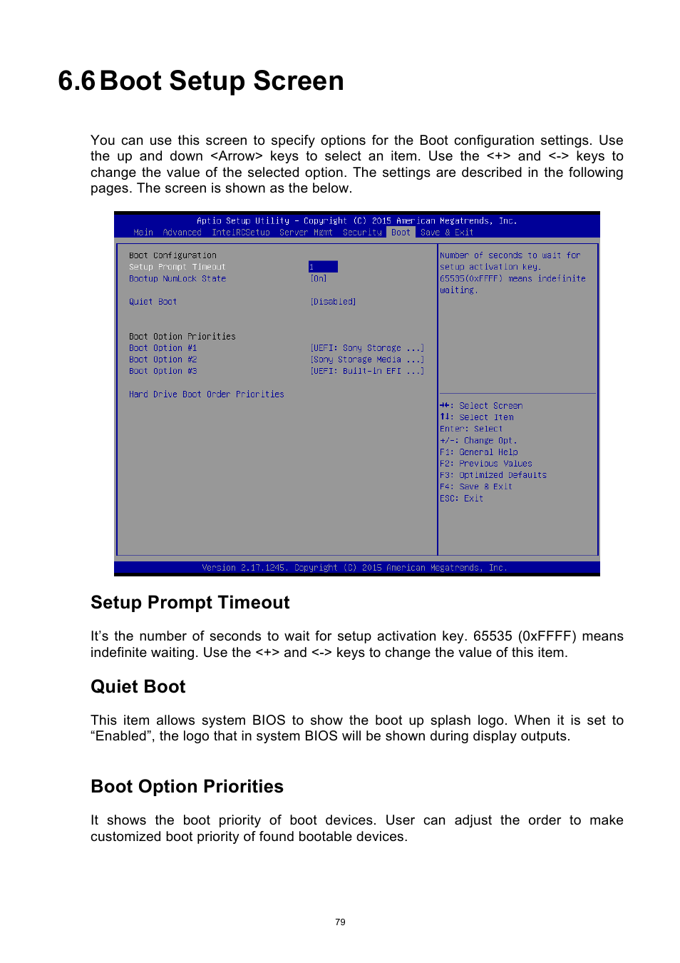 6 boot setup screen, Boot setup screen, Security setup screen | Setup prompt timeout, Quiet boot, Boot option priorities | ADLINK aTCA-9710 User Manual | Page 79 / 90