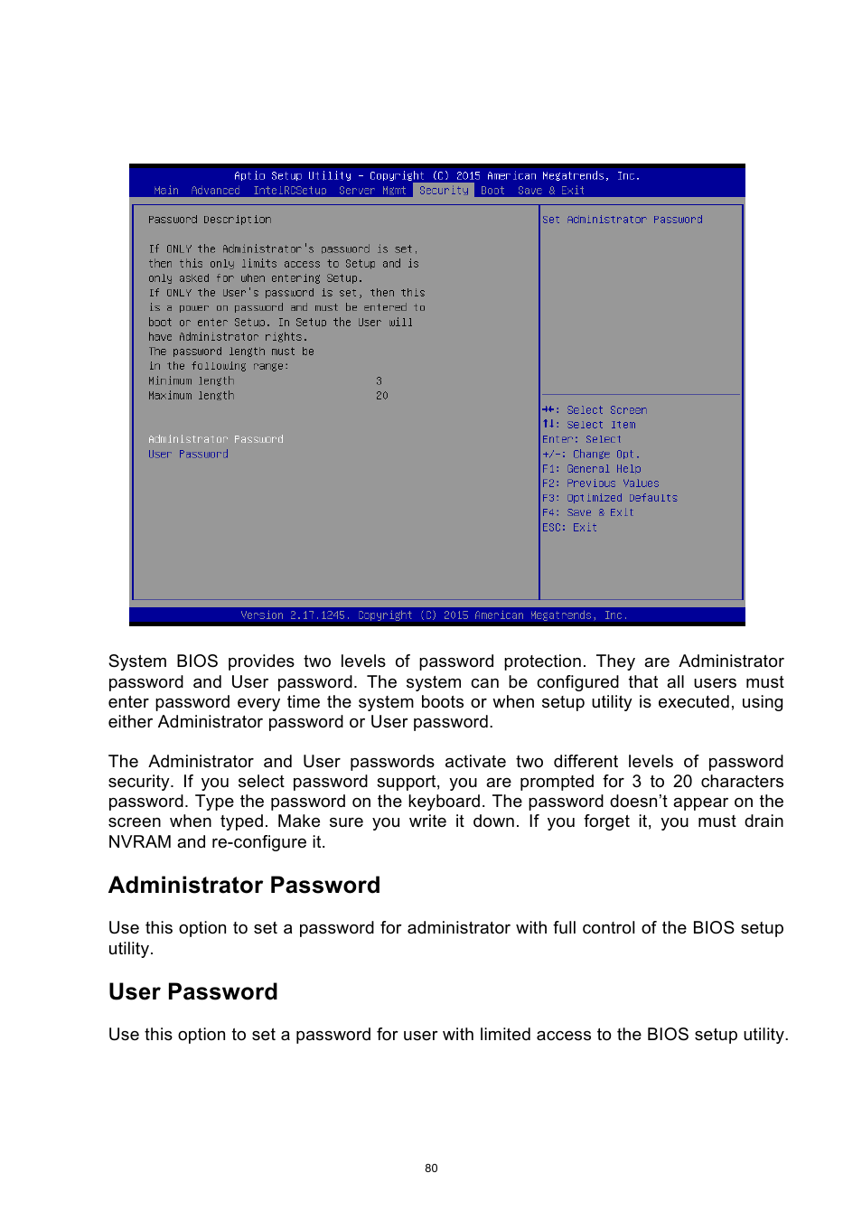 7 security setup screen, Administrator password, User password | ADLINK aTCA-9710 User Manual | Page 80 / 90