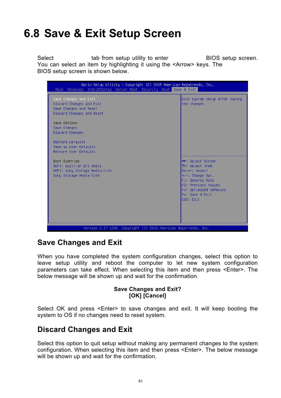 8 save & exit setup screen, Save & exit setup screen, Save changes and exit | Discard changes and exit | ADLINK aTCA-9710 User Manual | Page 81 / 90