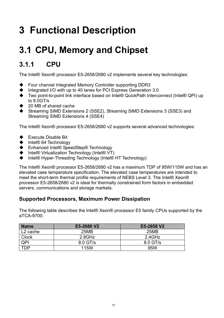 3 functional description, 1 cpu, memory and chipset, 1 cpu | Functional description, Cpu, memory and chipset | ADLINK aTCA-9700 User Manual | Page 17 / 86