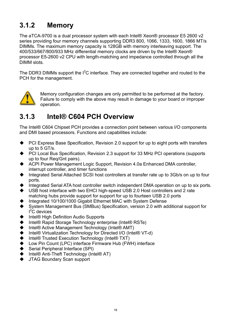 2 memory, 3 intel® c604 pch overview, Memory | Intel® c604 pch overview | ADLINK aTCA-9700 User Manual | Page 18 / 86