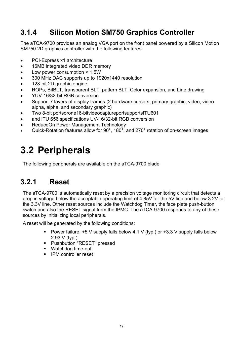 4 silicon motion sm750 graphics controller, 2 peripherals, 1 reset | Silicon motion sm750 graphics controller, Peripherals, Reset | ADLINK aTCA-9700 User Manual | Page 19 / 86