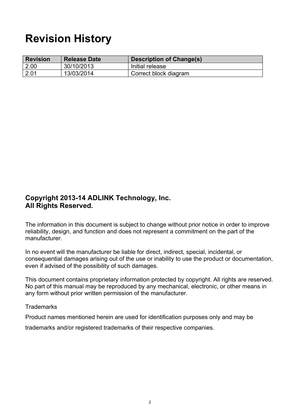 Revision history | ADLINK aTCA-9700 User Manual | Page 2 / 86