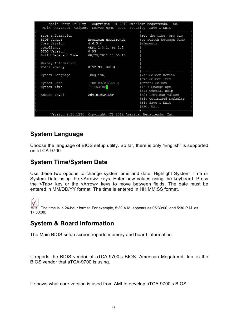 System language, System time/system date, System & board information | ADLINK aTCA-9700 User Manual | Page 49 / 86