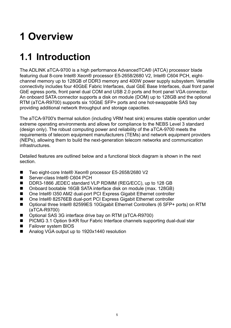 1 overview, 1 introduction, Overview | Introduction | ADLINK aTCA-9700 User Manual | Page 5 / 86