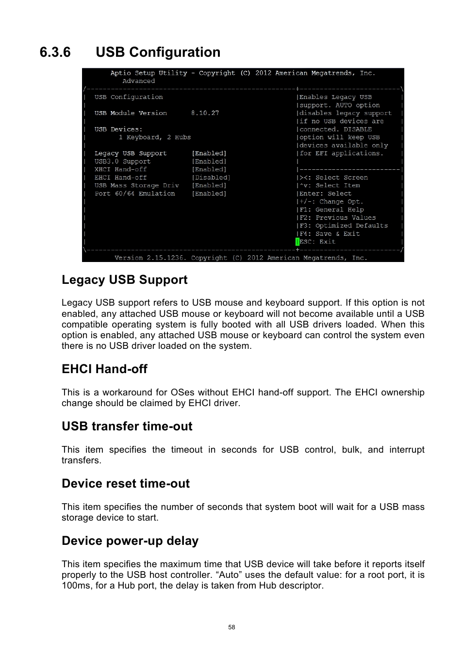 6 usb configuration, Usb configuration, Legacy usb support | Ehci hand-off, Usb transfer time-out, Device reset time-out, Device power-up delay | ADLINK aTCA-9700 User Manual | Page 58 / 86