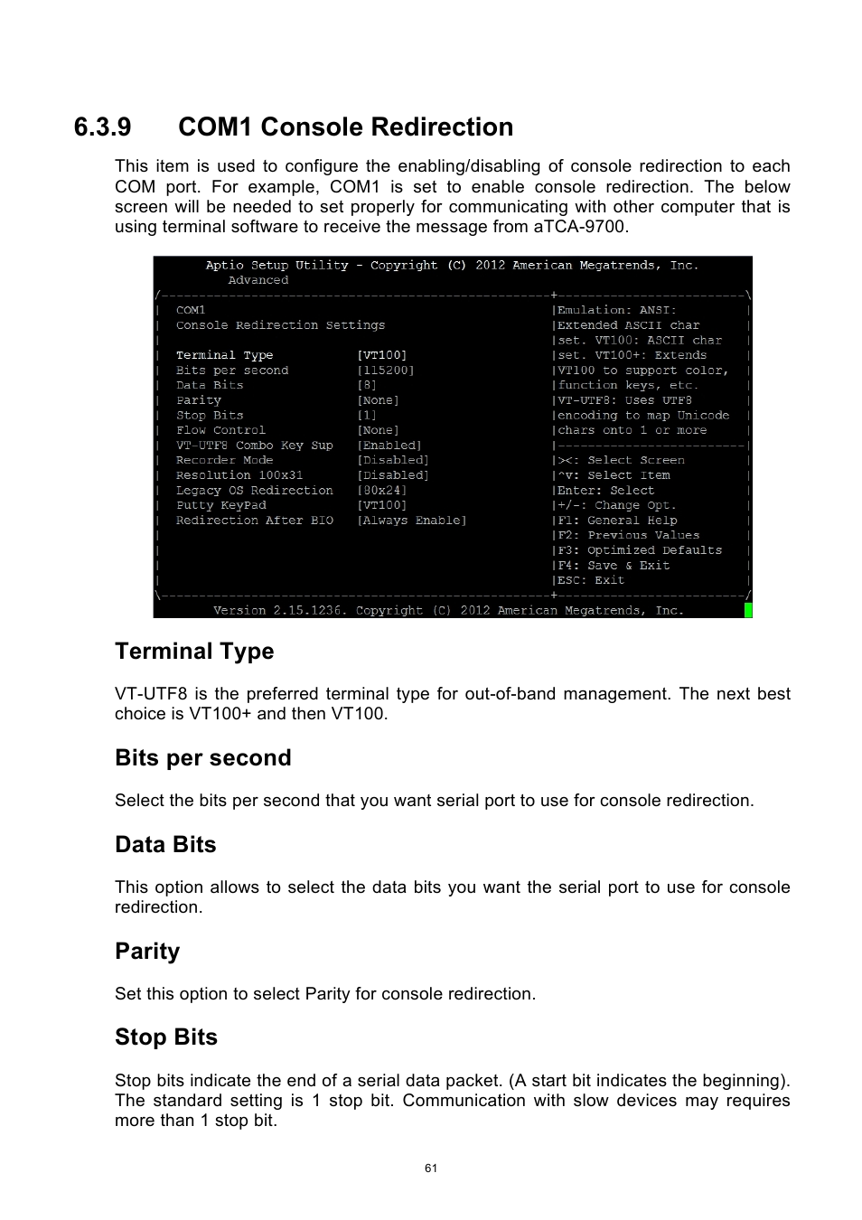 9 com1 console redirection, Com1 console redirection, Terminal type | Bits per second, Data bits, Parity, Stop bits | ADLINK aTCA-9700 User Manual | Page 61 / 86