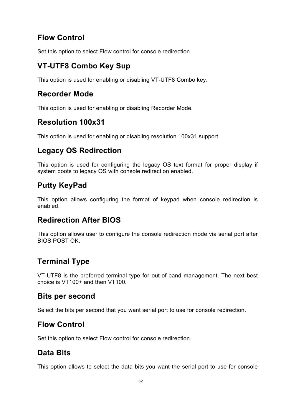 Flow control, Vt-utf8 combo key sup, Recorder mode | Legacy os redirection, Putty keypad, Redirection after bios, Terminal type, Bits per second, Data bits | ADLINK aTCA-9700 User Manual | Page 62 / 86