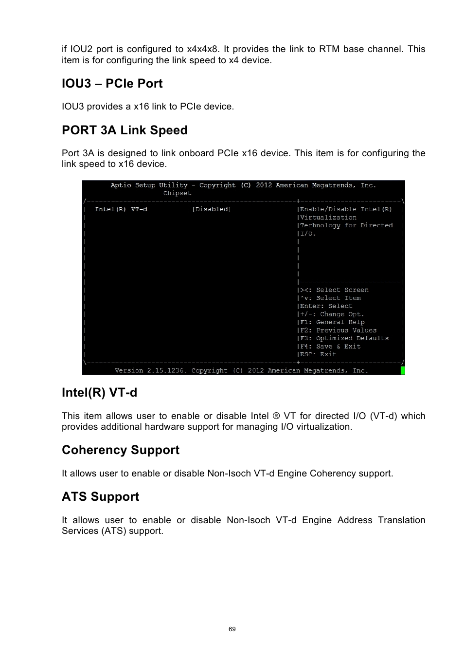 Iou3 – pcie port, Port 3a link speed, Intel(r) vt-d | Coherency support, Ats support | ADLINK aTCA-9700 User Manual | Page 69 / 86