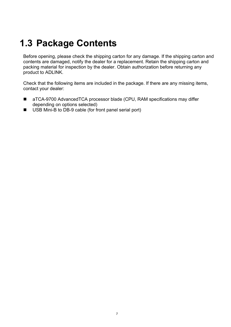 3 package contents, Package contents | ADLINK aTCA-9700 User Manual | Page 7 / 86