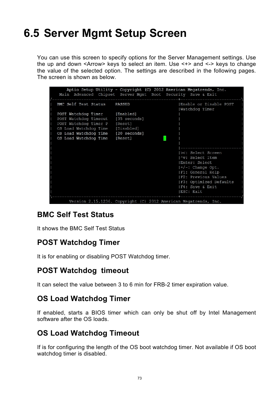 5 server mgmt setup screen, Server mgmt setup screen, Bmc self test status | Post watchdog timer, Post watchdog timeout, Os load watchdog timer, Os load watchdog timeout | ADLINK aTCA-9700 User Manual | Page 73 / 86