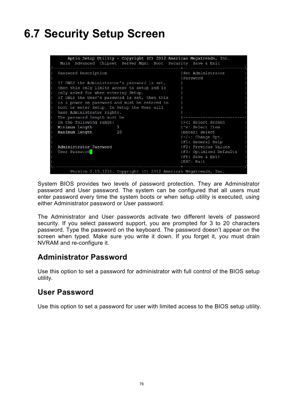 7 security setup screen, Security setup screen, Administrator password | User password | ADLINK aTCA-9700 User Manual | Page 76 / 86