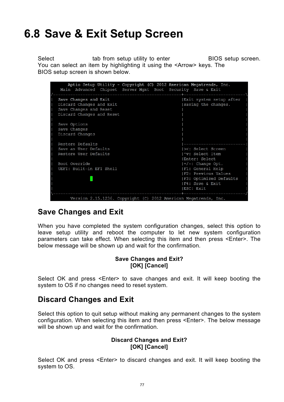 8 save & exit setup screen, Save & exit setup screen, Save changes and exit | Discard changes and exit | ADLINK aTCA-9700 User Manual | Page 77 / 86