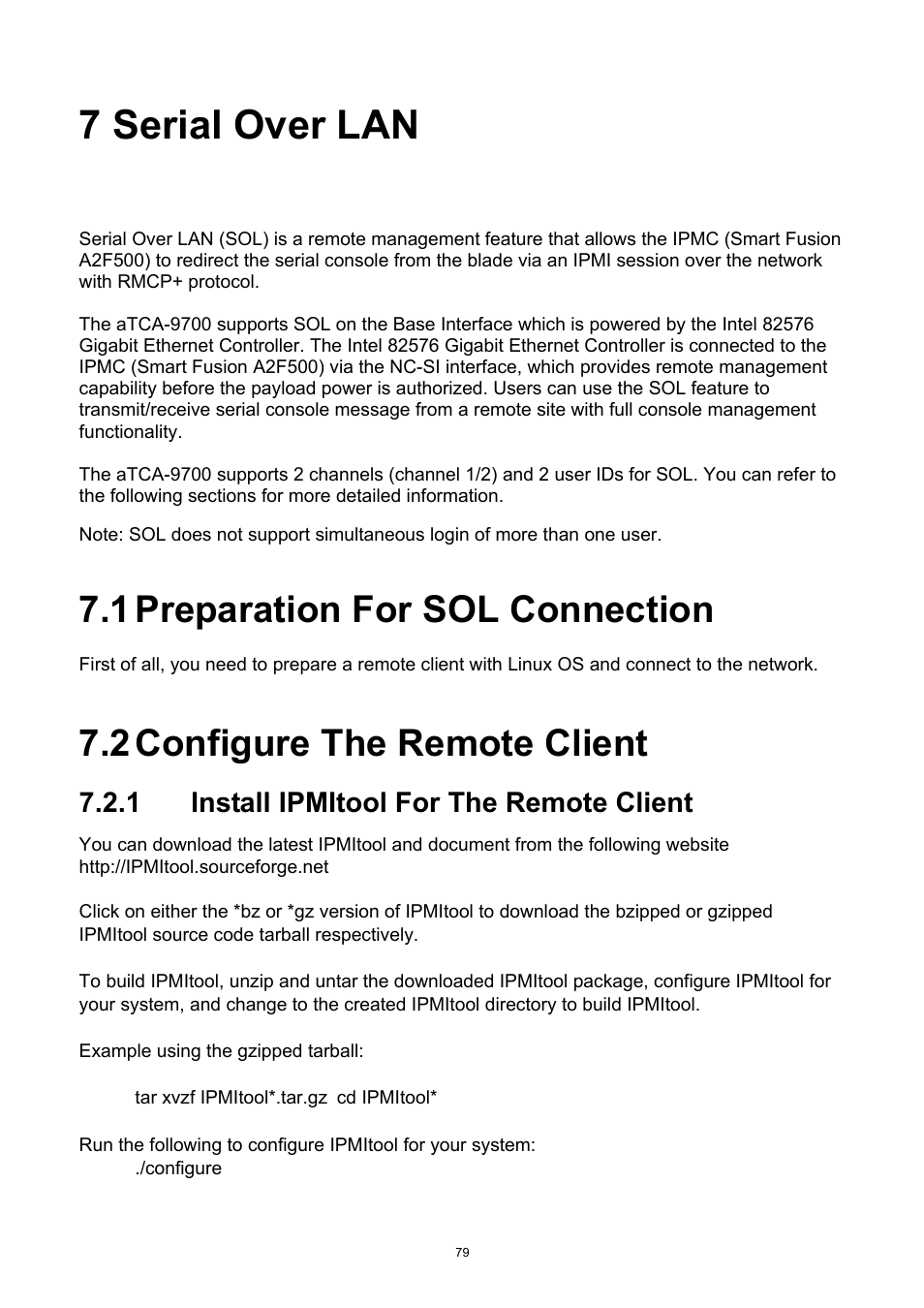 1 preparation for sol connection, 2 configure the remote client, 1 install ipmitool for the remote client | Serial over lan, Preparation for sol connection, Configure the remote client, Install ipmitool for the remote client, 7 serial over lan | ADLINK aTCA-9700 User Manual | Page 79 / 86
