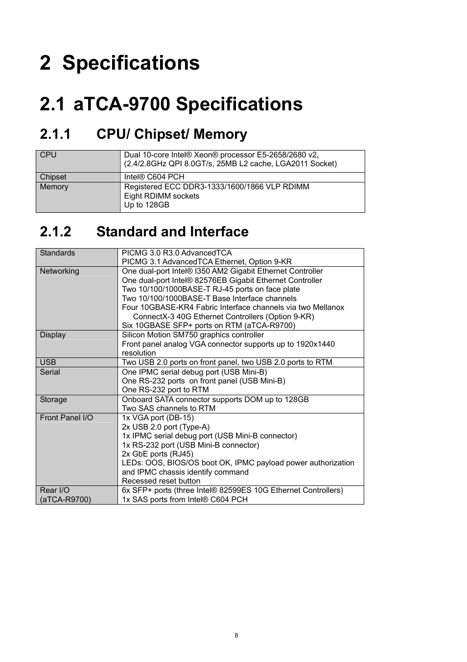 2 specifications, 1 atca-9700 specifications, 1 cpu/ chipset/ memory | 2 standard and interface, Specifications, Atca-9700 specifications, Cpu/ chipset/ memory, Standard and interface | ADLINK aTCA-9700 User Manual | Page 8 / 86