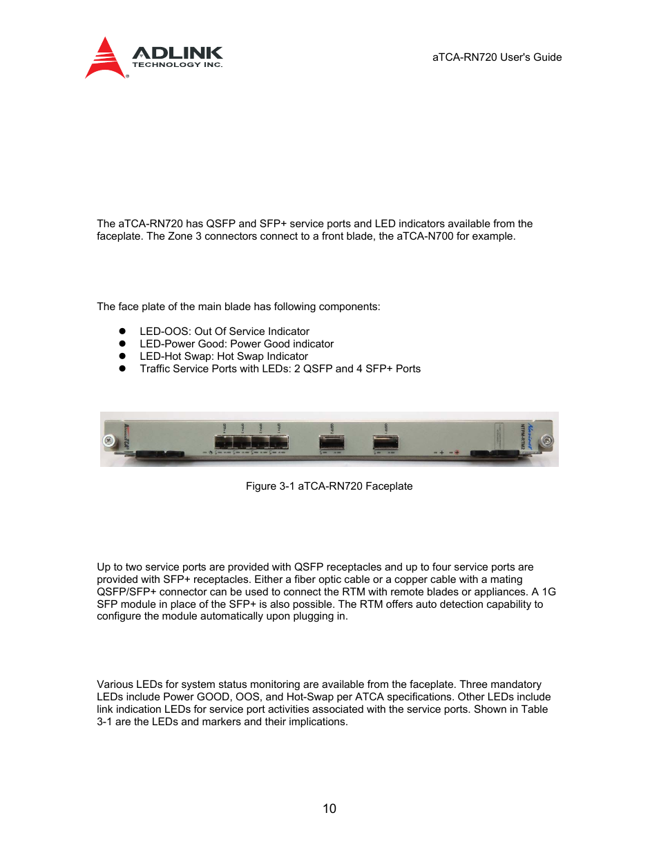 3 external interfaces, 1 front panel overview, 2 traffic service port | 3 leds and markers, Summary of specifications, Table 2-1 atca-rn720 specifications | ADLINK aTCA-N700 User Manual | Page 10 / 58