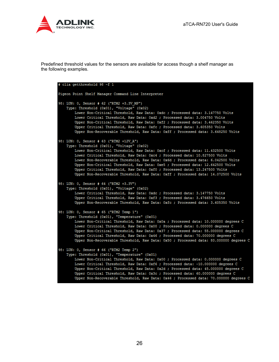 5 sensor threshold values | ADLINK aTCA-N700 User Manual | Page 26 / 58