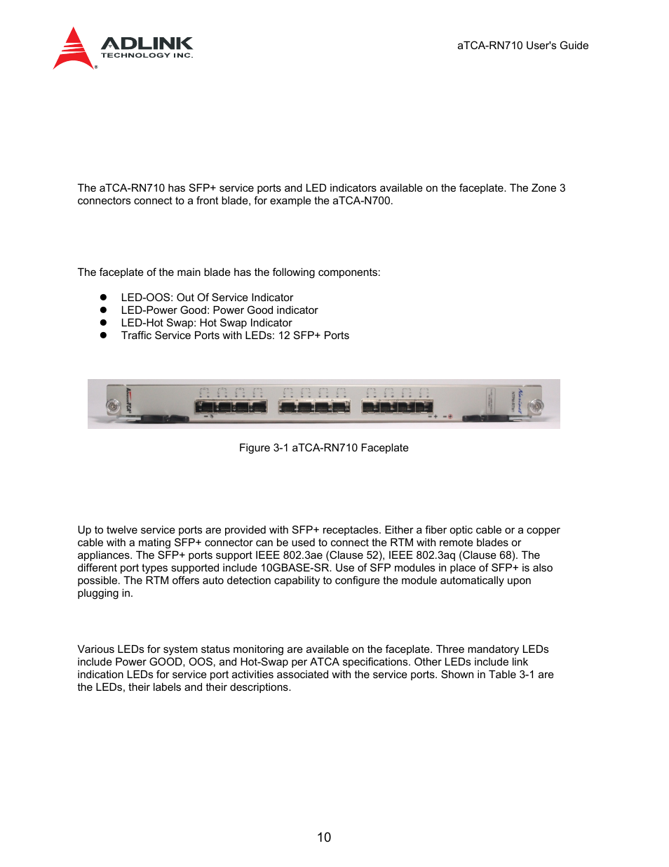 3 external interfaces, 1 faceplate overview, 2 traffic service ports | 3 leds and markers, Summary of specifications, Table 2-1 atca-rn710 specifications | ADLINK aTCA-N700 User Manual | Page 10 / 59