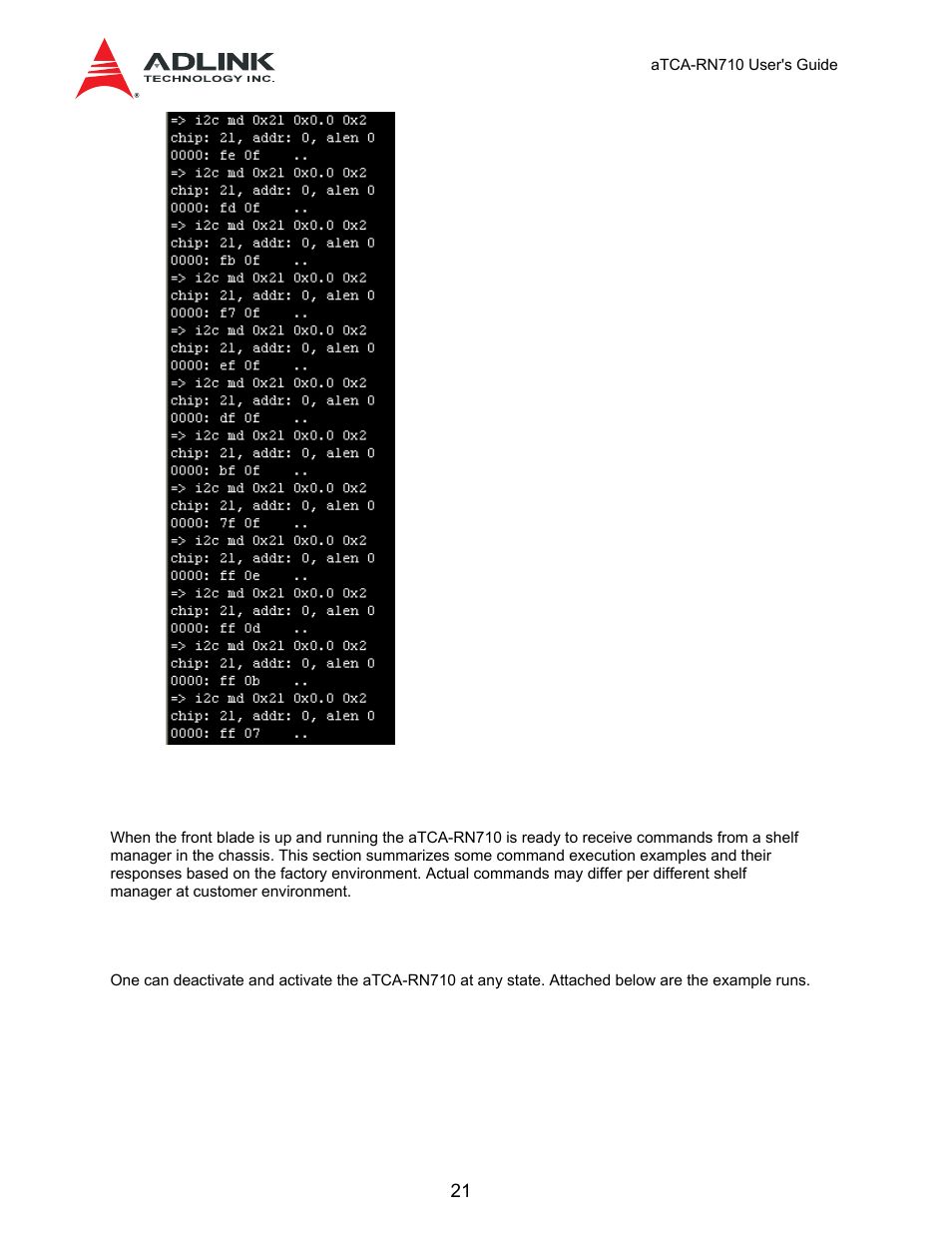 4 ipmi command, 1 deactivate and activate, I2c to i/o device access | ADLINK aTCA-N700 User Manual | Page 21 / 59