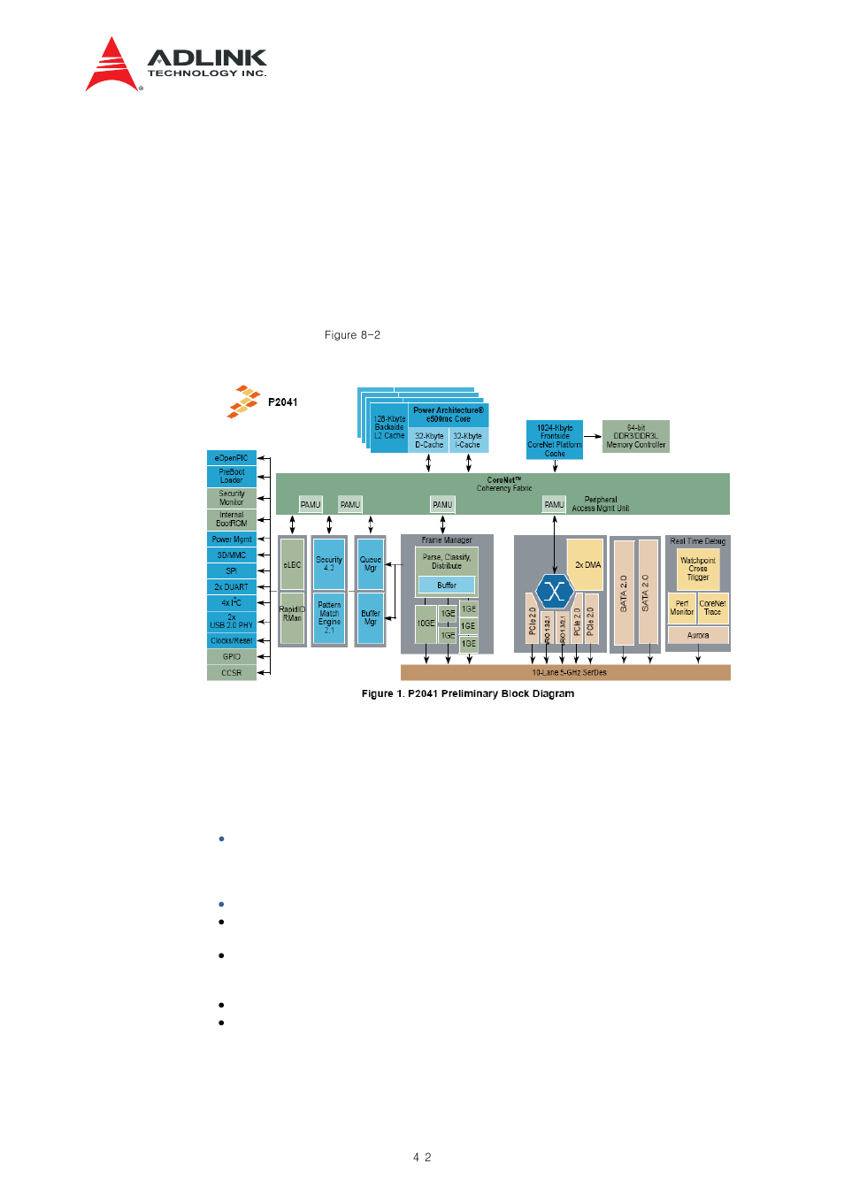 Local management processor, p2041, Features, Figure 8-2 p2041 internal blocks (from datasheet) | ADLINK aTCA-N700 User Manual | Page 42 / 82