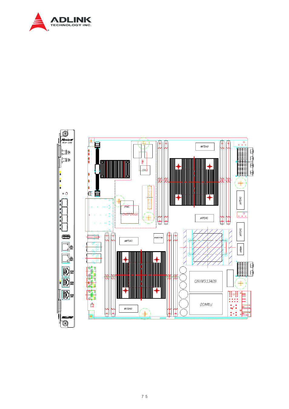 Layout, Mechanical drawing and placement, Figure 12-1 faceplate and component placement | ADLINK aTCA-N700 User Manual | Page 75 / 82