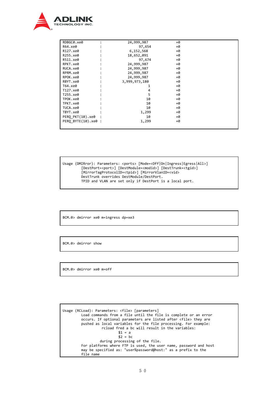 Port mirroring configuration, Rcload, Atca-n700 sw users guide | Display mirrong status, Remove xe0 mirroring, Rcload’ executes switch command scripts | ADLINK aTCA-N700 User Manual | Page 56 / 76
