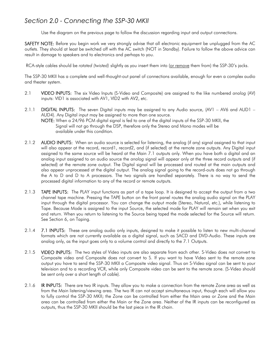 Section 2.0 - connecting the ssp-30 mkii | Classe Audio SSP-30 MKII User Manual | Page 10 / 32