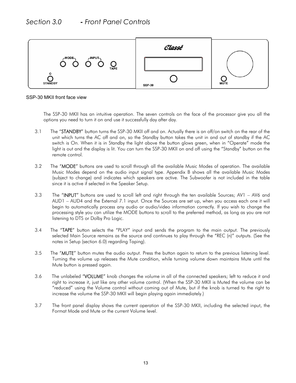 Section 3.0 - front panel controls | Classe Audio SSP-30 MKII User Manual | Page 13 / 32