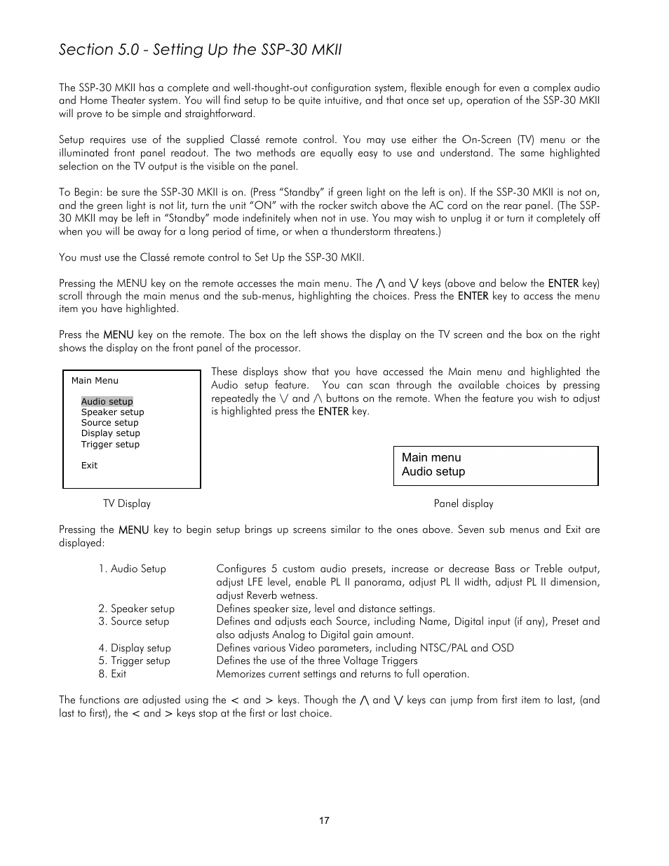 Section 5.0 - setting up the ssp-30 mkii | Classe Audio SSP-30 MKII User Manual | Page 17 / 32